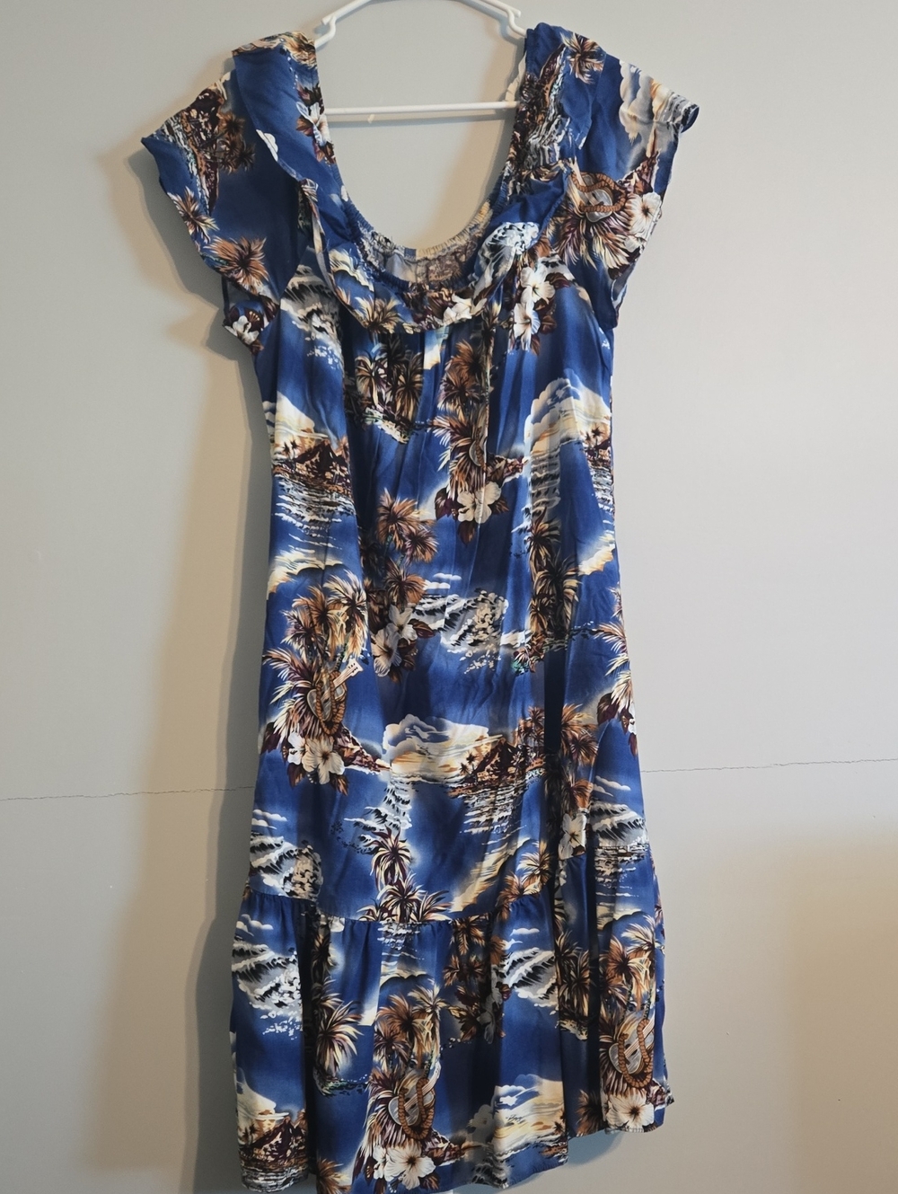 Vintage Hilo Hattie Blue Tropical Midi Dress with Brown & Cream Accents Large
